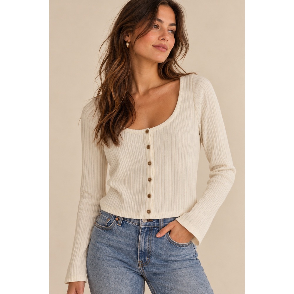 Madewell Ribbed Knit Cardigan Top Cream Off White Scoop Neck Button Front Medium